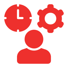 i3 Person with clock and gear icons.