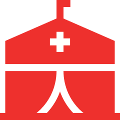 i7 Red church icon on black background.